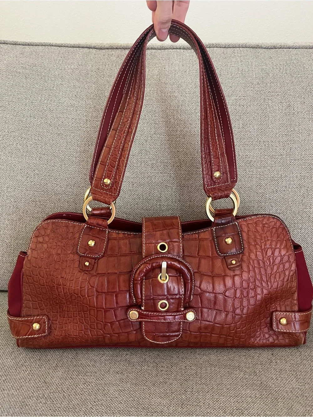 Brown Burgundy Y2K Croc-Embossed Shoulder Bag with Large Buckle - Women Bags